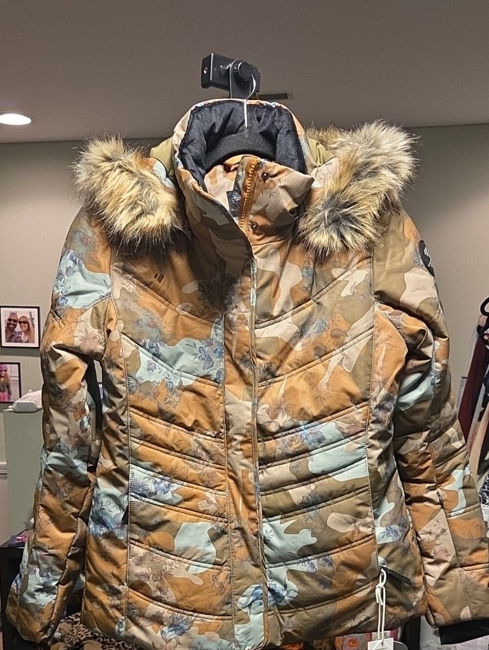 Obermeyer Women's Tan & Light Blue Camo Quilted Puffer Coat with Faux Fur Hood